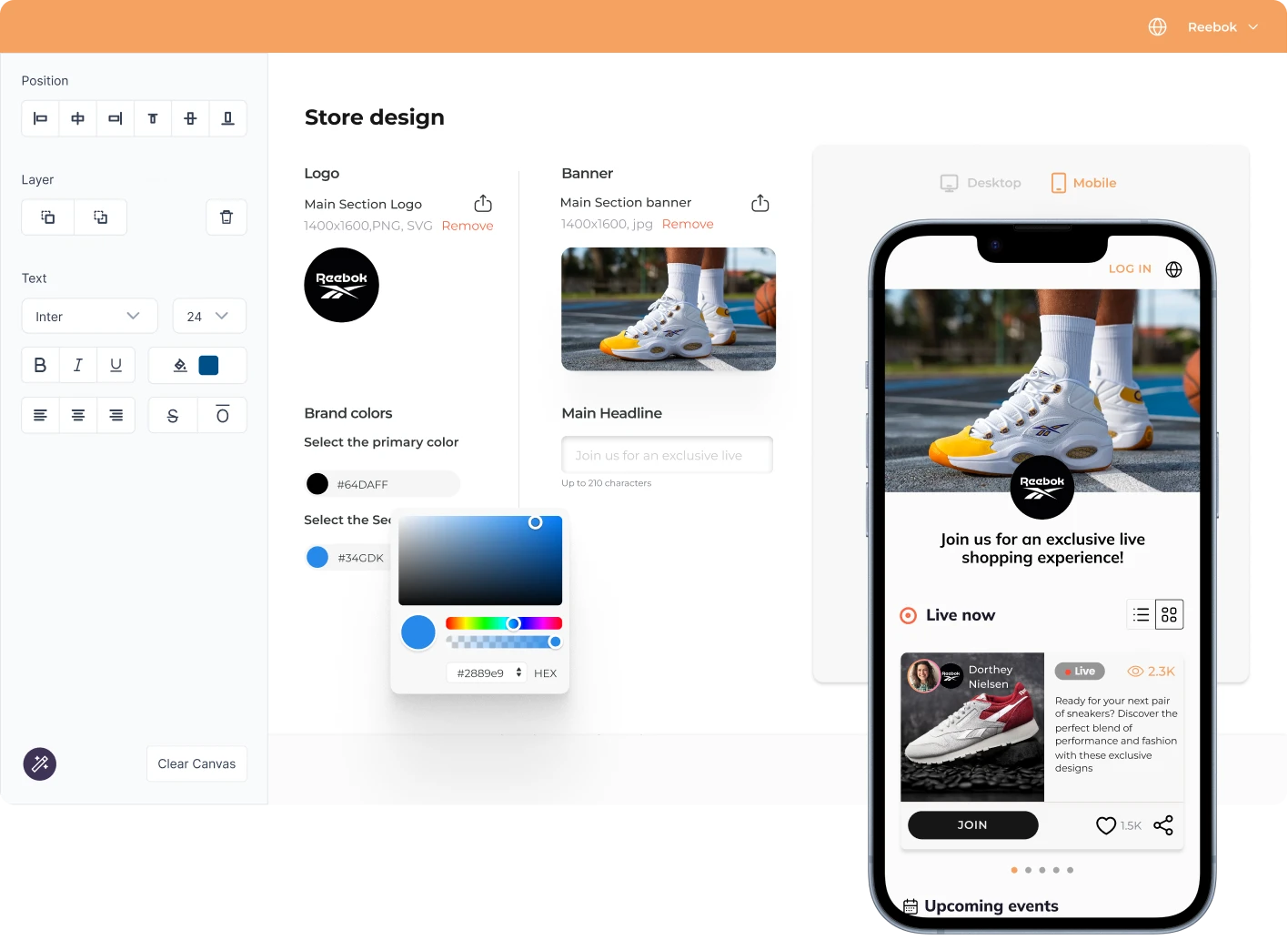 Mobile app screenshot featuring an innovative shoe design, highlighting multiple options for customization and style.