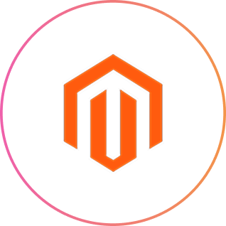 Orange Magento logo with stylized M inside hexagon on white background with gradient border.