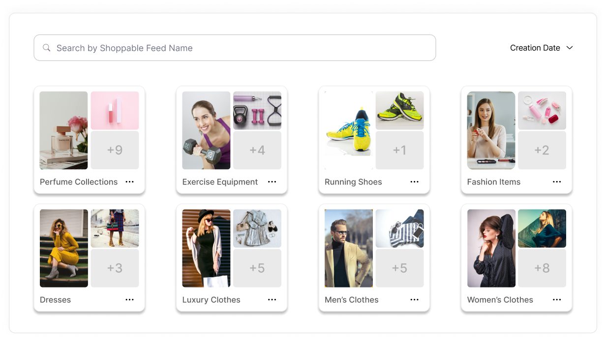 Shoppable feed interface with categories including Perfume Collections, Exercise Equipment, Running Shoes, Fashion Items, Dresses, Luxury Clothes, Men's Clothes, and Women's Clothes, each showing a preview of related images and additional item counts.