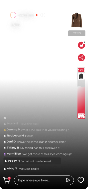 Live shopping chat interface showing brown blazer, user comments about the coat, and interaction icons including cart and share buttons.
