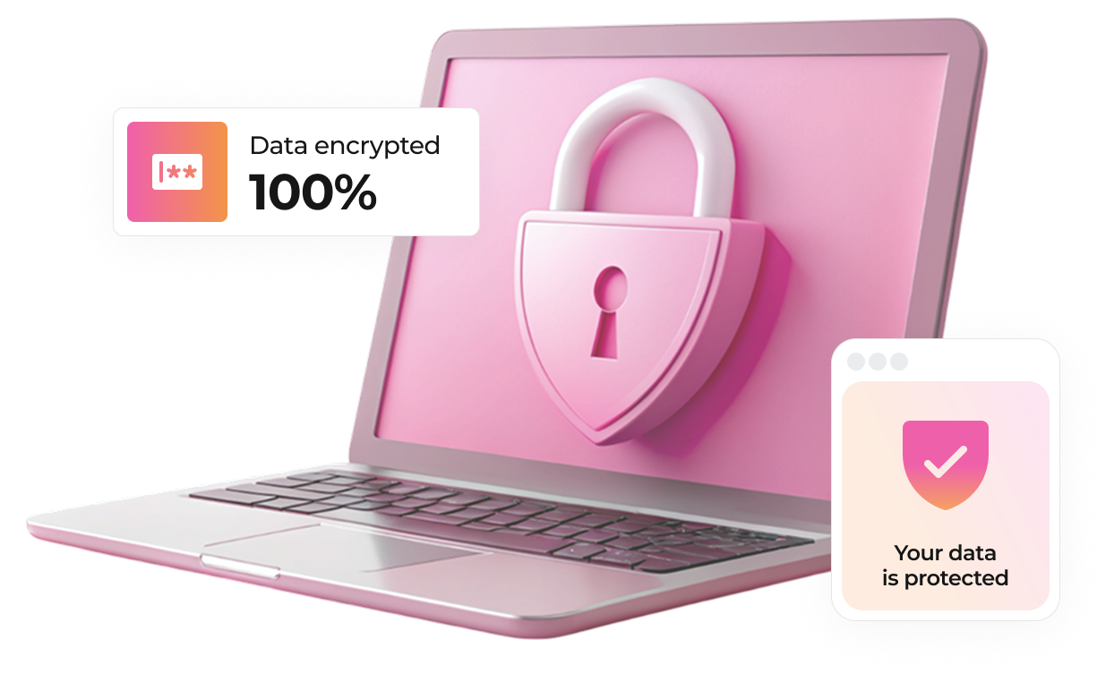 Pink laptop with a large padlock icon on screen and labels indicating data encrypted 100% and your data is protected.