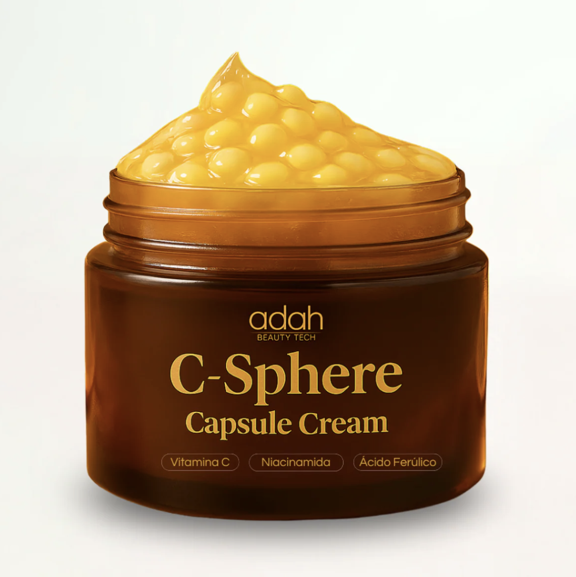 Brown jar of Adah Beauty Tech C-Sphere Capsule Cream with yellow capsule-like cream on top, containing Vitamin C, Niacinamide, and Ferulic Acid.