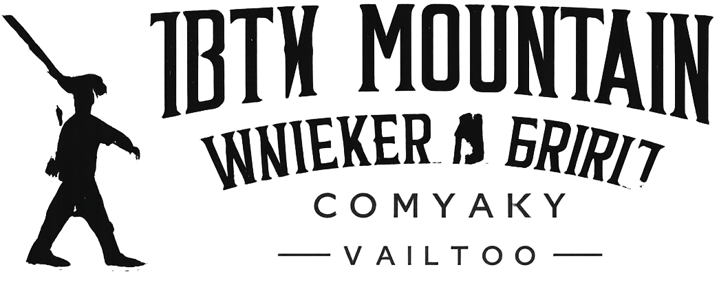 Silhouette of a person pointing a long object upward alongside stylized text reading 'IBTX MOUNTAIN WINIEKER GRIRILT COMYAKY VAILTOO'.